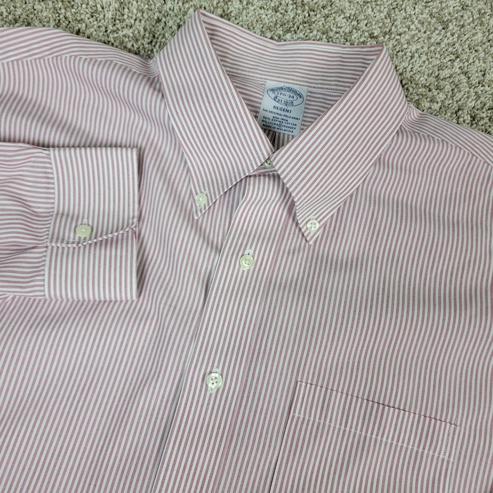 Brooks Brothers Regent Mens 17.5-34 Red White Striped Button Down Long Sleeve